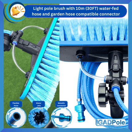 IGADPole 10"(25cm) Soft Bristle Water-Fed Brush Only, 30ft(10m) Long Light Hose, ACME and IGAD new Connector compatible (no pole included)