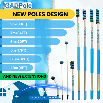 IGADPole Telescopic Pole with Threaded Connector, Use with adaptors like: Paint Roller, Dusters, Squeegees, Gutter Cleaning